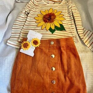 Striped Sunflower Top and Orange Skirt Set New with Sunflower Hair Clips Girls 4